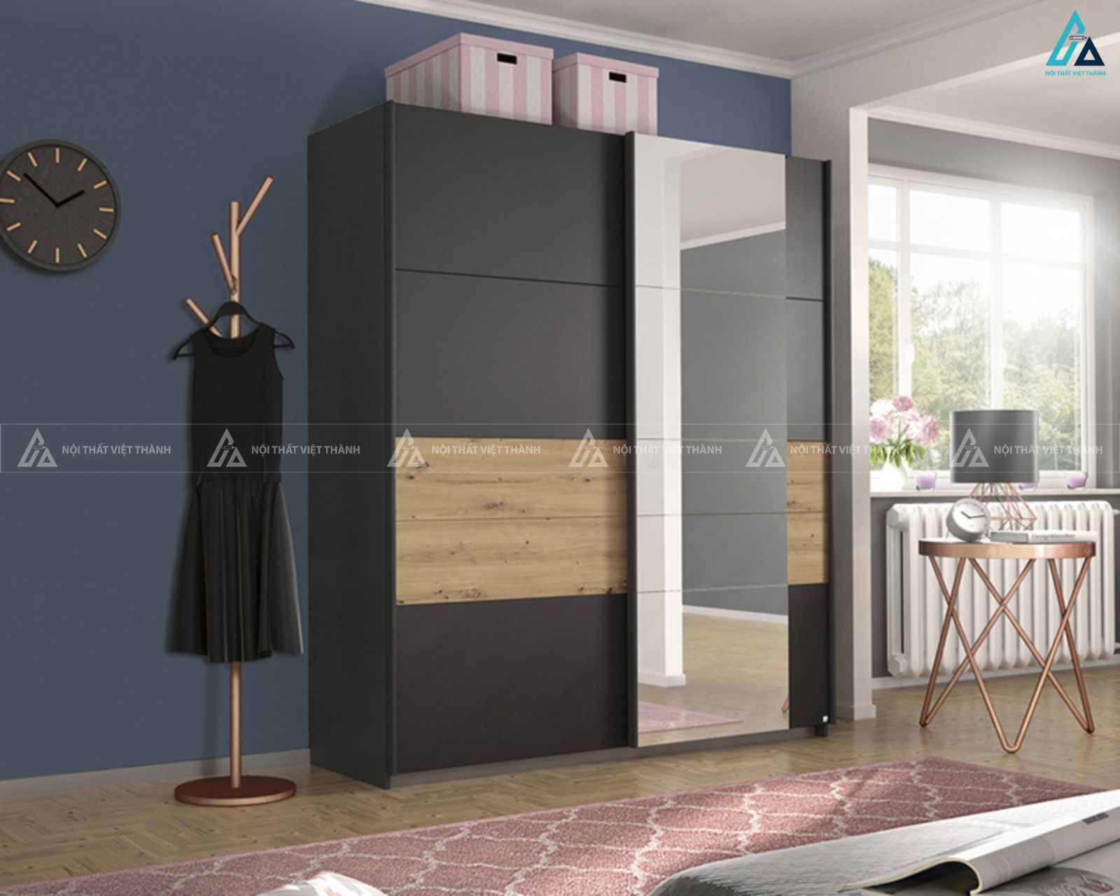 Tủ quần áo cửa lùa kết hợp gương soi và ngăn gỗ tinh tế 2