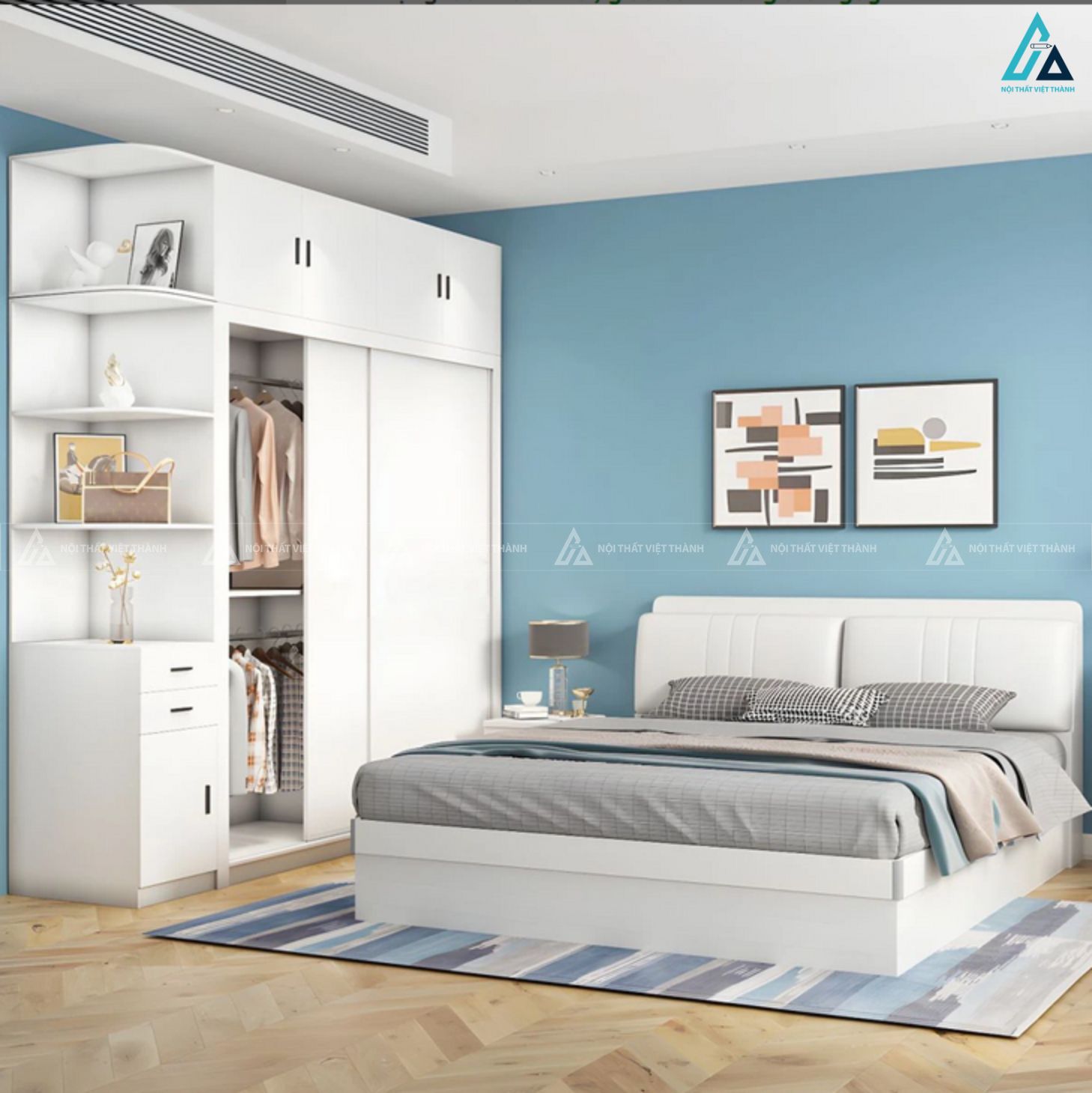 Tủ quần áo cửa lùa màu trắng cao cấp có kệ trưng bày tiện nghi 1