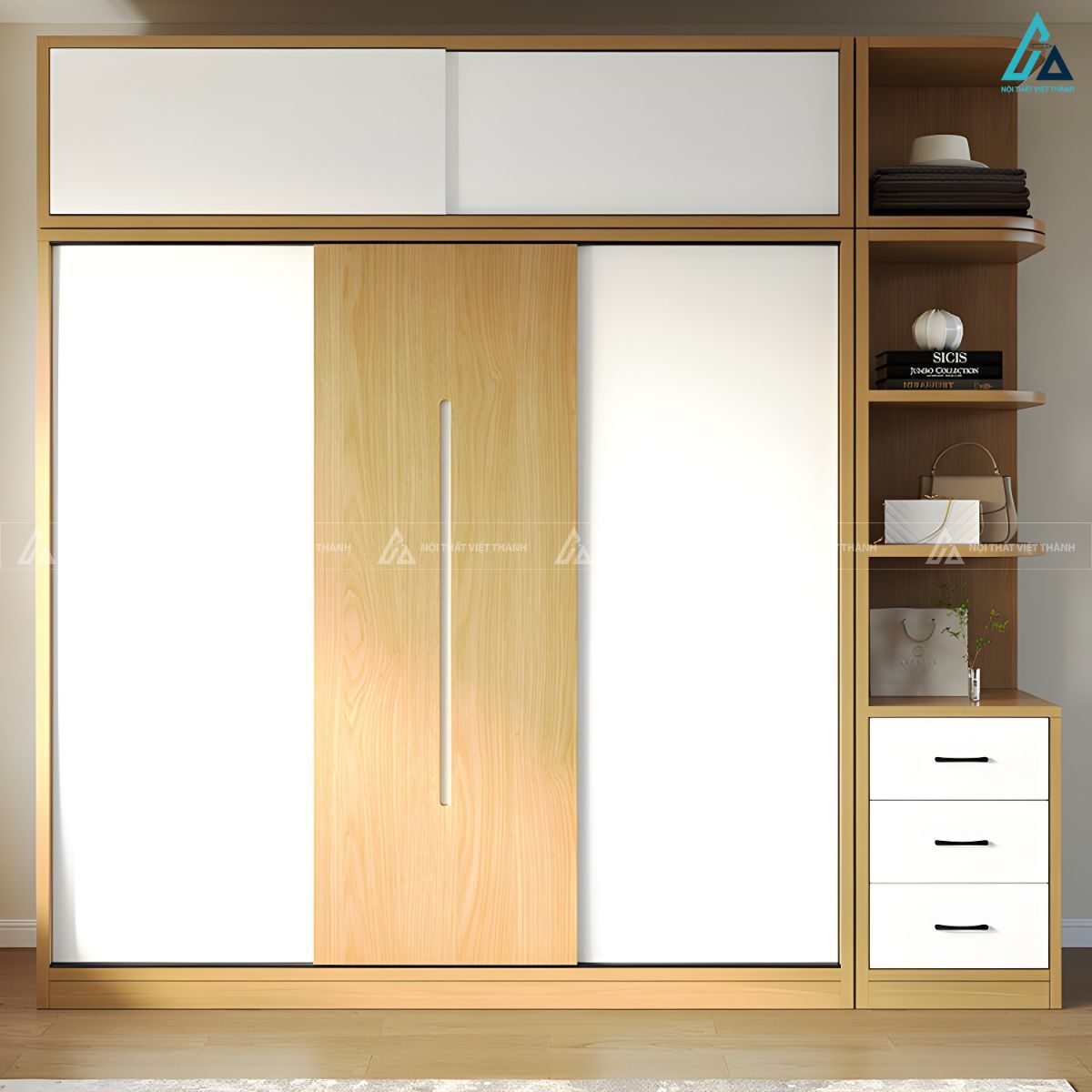 Mẫu tủ quần áo cửa lùa đa năng tích hợp kệ và ngăn kéo tiện lợi 2