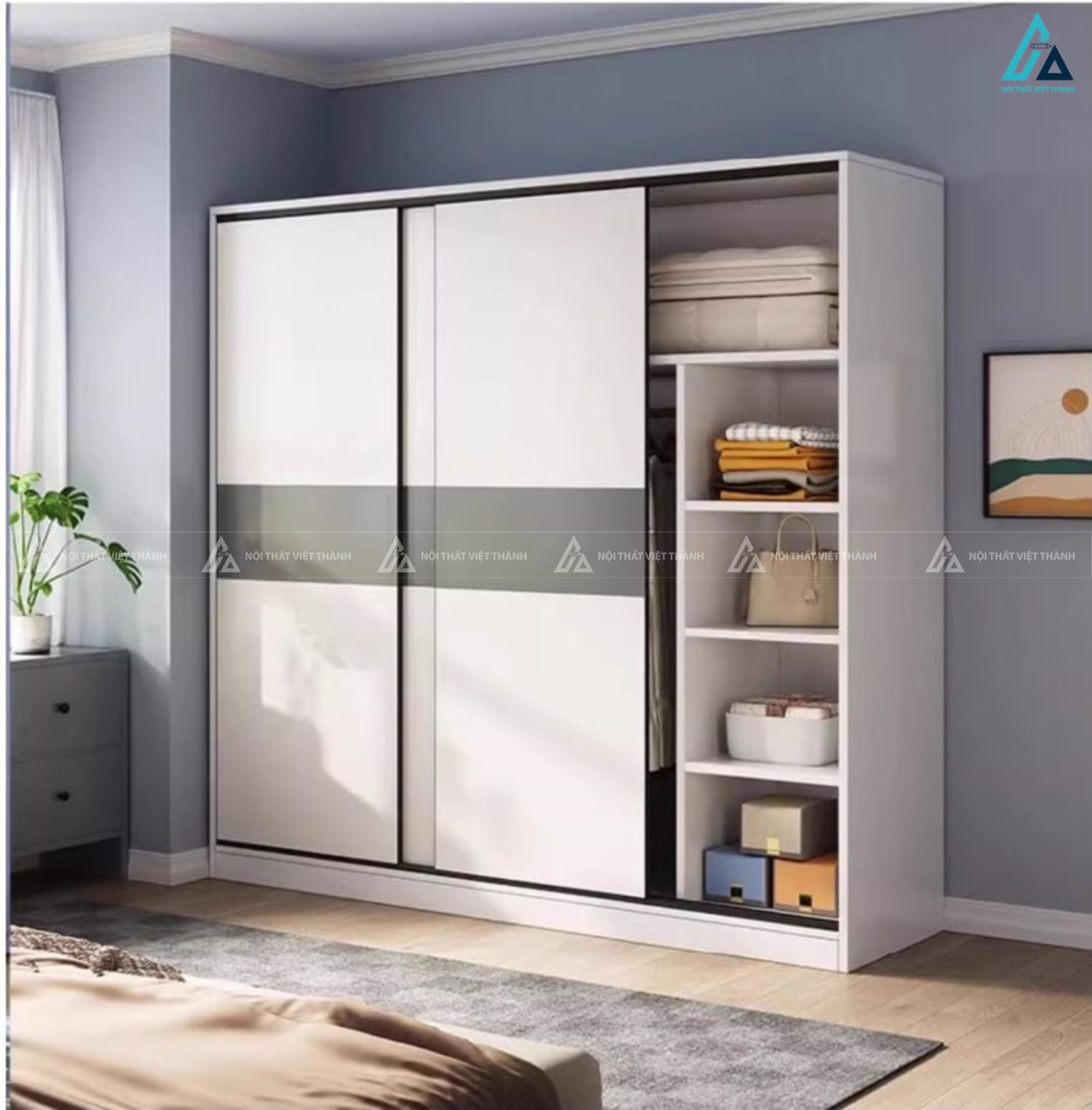 Tủ quần áo cửa lùa kịch trần phối màu trang nhã cho phòng ngủ 3