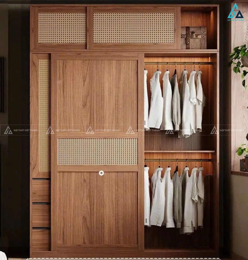 Tủ quần áo gỗ tự nhiên cửa lùa kết hợp nhiều ngăn chứa đồ