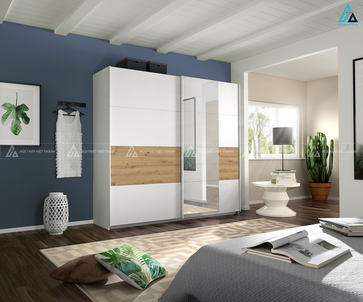 Tủ quần áo cửa lùa kết hợp gương soi và ngăn gỗ tinh tế 3
