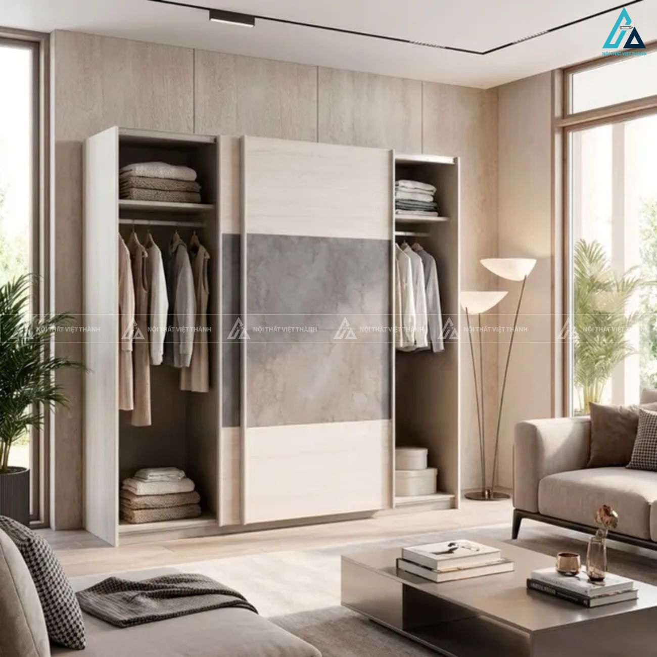 Tủ quần áo cửa lùa phối vân gỗ và họa tiết đá sang trọng 1