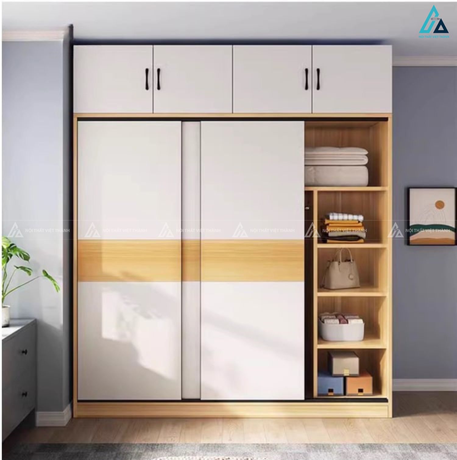 Tủ quần áo cửa lùa kịch trần phối màu trang nhã cho phòng ngủ 1