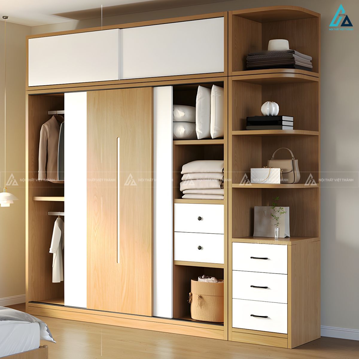Mẫu tủ quần áo cửa lùa đa năng tích hợp kệ và ngăn kéo tiện lợi