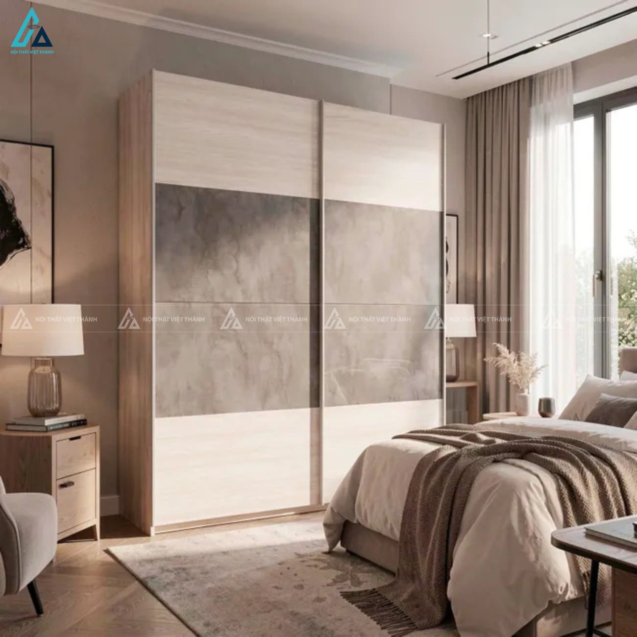 Tủ quần áo cửa lùa phối vân gỗ và họa tiết đá sang trọng