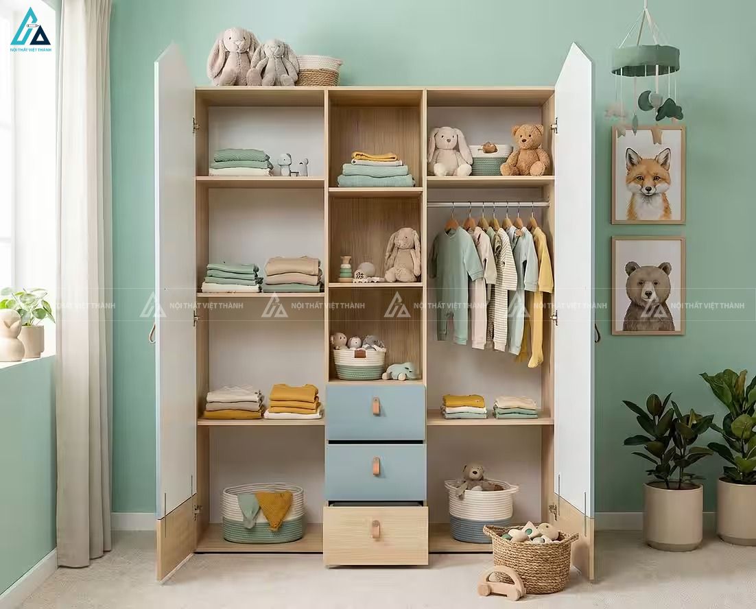 Tủ quần áo gỗ công nghiệp màu xanh kết hợp kệ trang trí đa năng 5