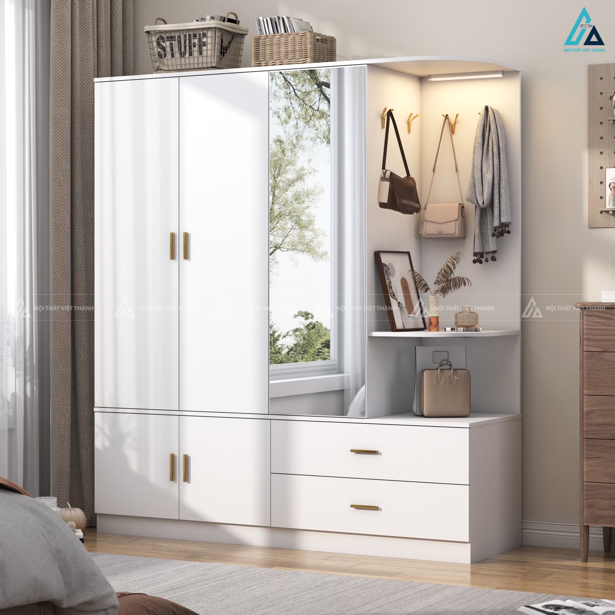Tủ quần áo gỗ công nghiệp đa năng có móc treo túi xách kèm đèn led