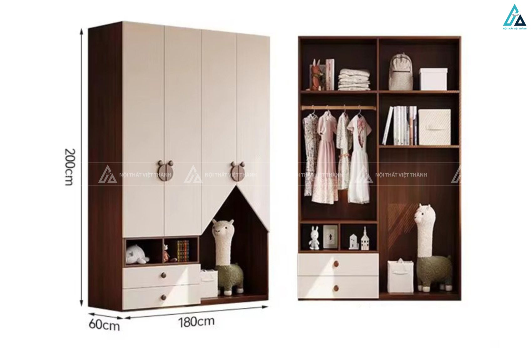 Tủ quần áo gỗ công nghiệp trẻ em năm cánh phối màu kem và nâu ấm áp 2