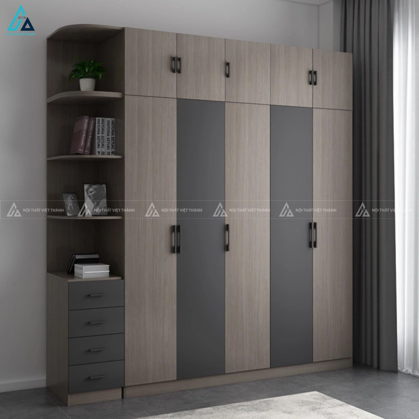 Mẫu tủ quần áo gỗ công nghiệp năm cánh mở tối ưu diện tích