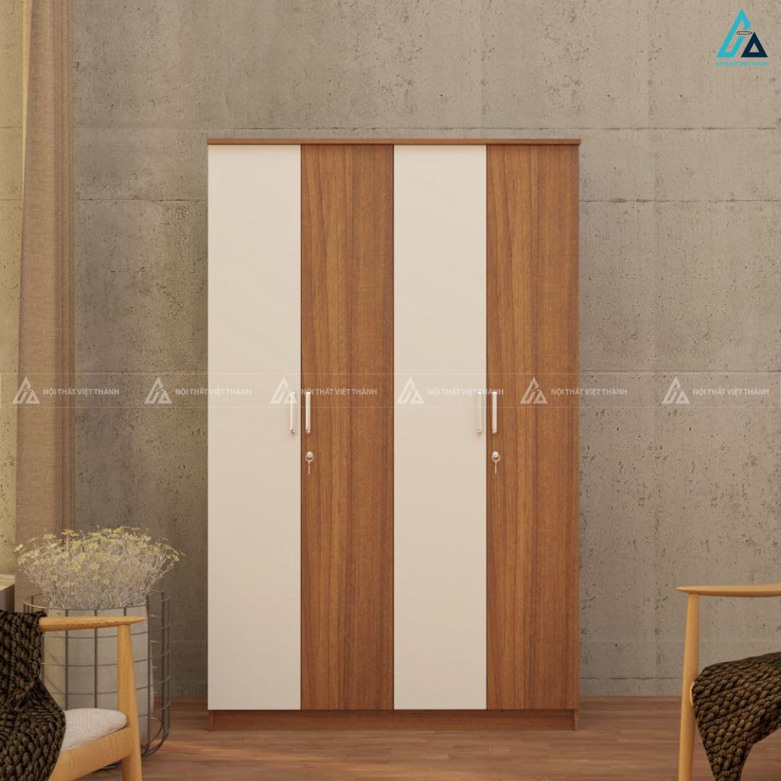 Mẫu tủ quần áo gỗ công nghiệp 4 cánh mở thiết kế kẻ sọc độc đáo 2