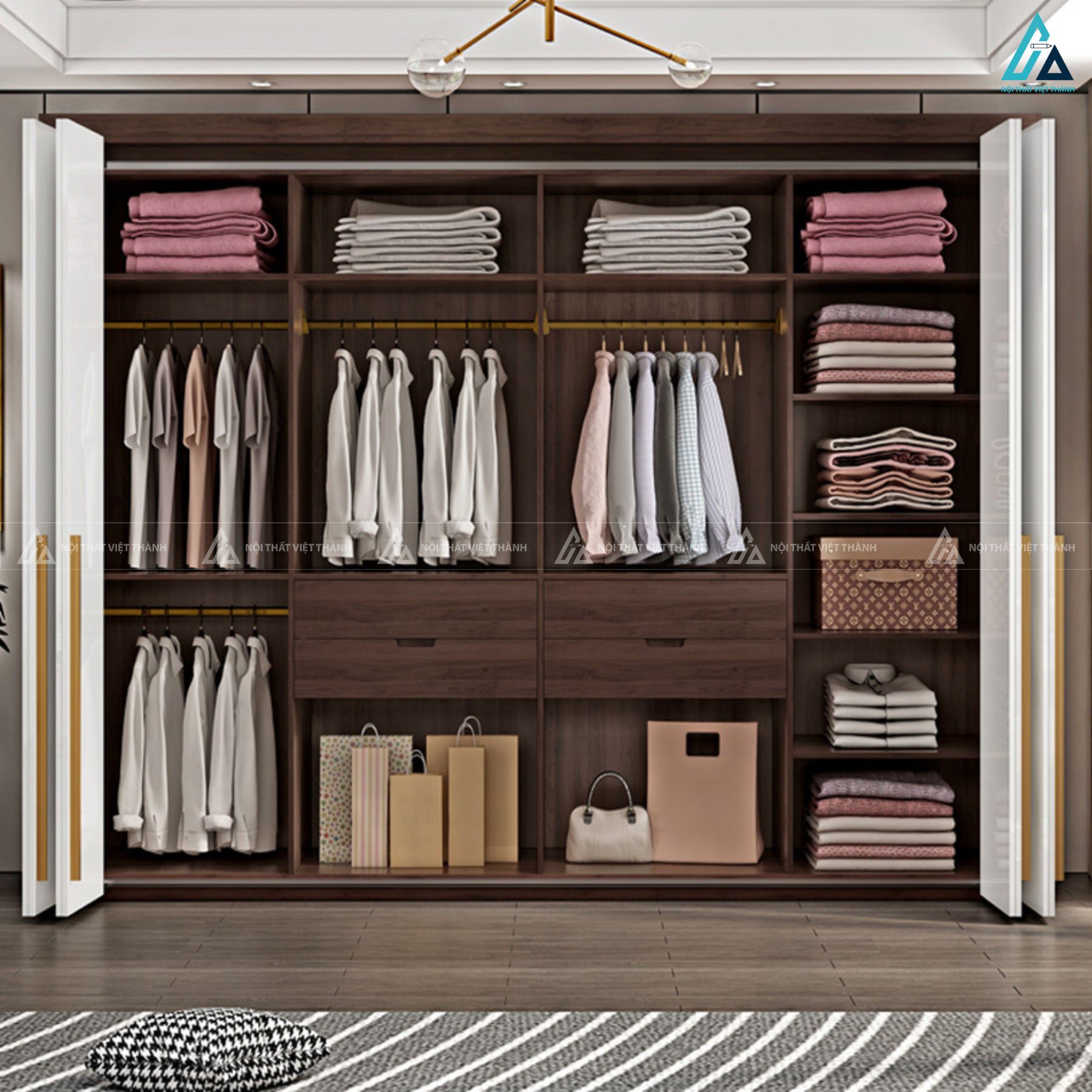 Tủ quần áo khung gỗ MDF chống ẩm kết hợp cánh trắng bóng gương 1