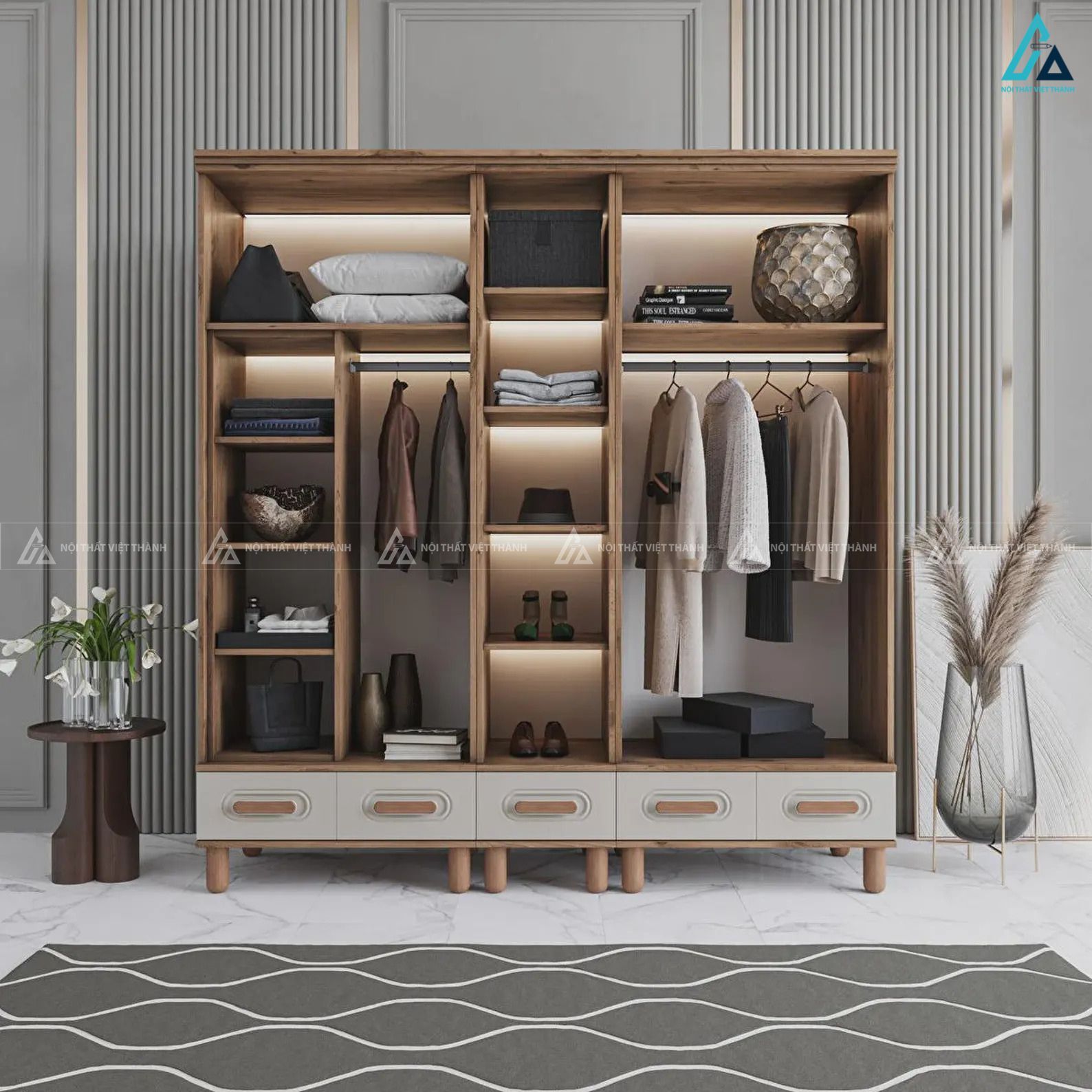 Tủ quần áo gỗ công nghiệp phong cách tân cổ điển có gương soi tiện lợi 1