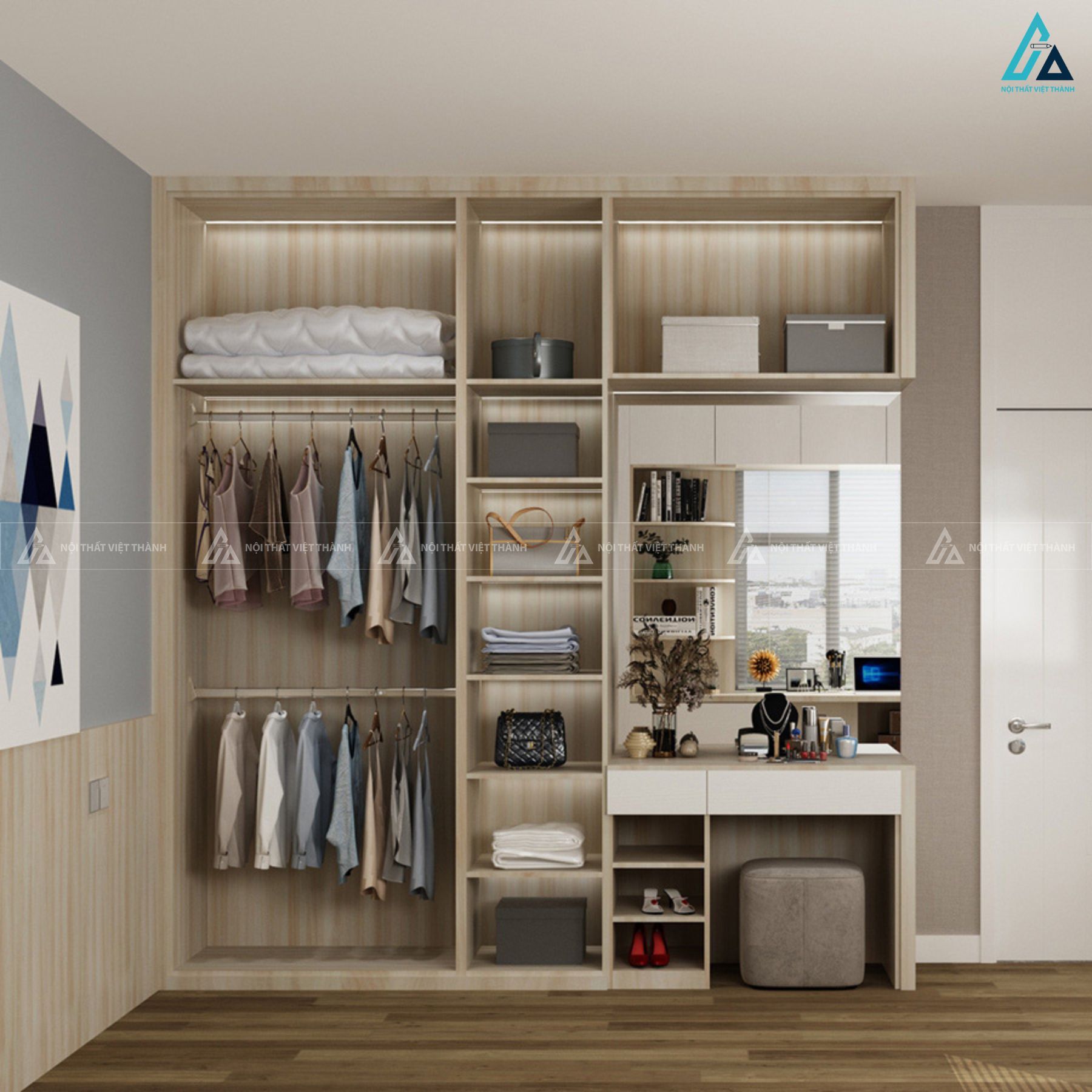 Thiết kế tủ quần áo MDF chống ẩm kịch trần kết hợp bàn trang điểm 1