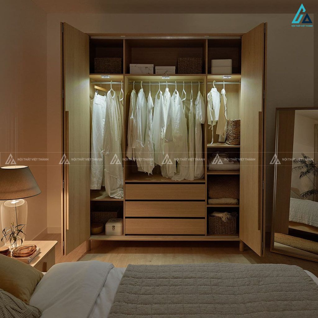 Thiết kế tủ quần áo gỗ MDF chống ẩm bốn cánh mở chân cao 3