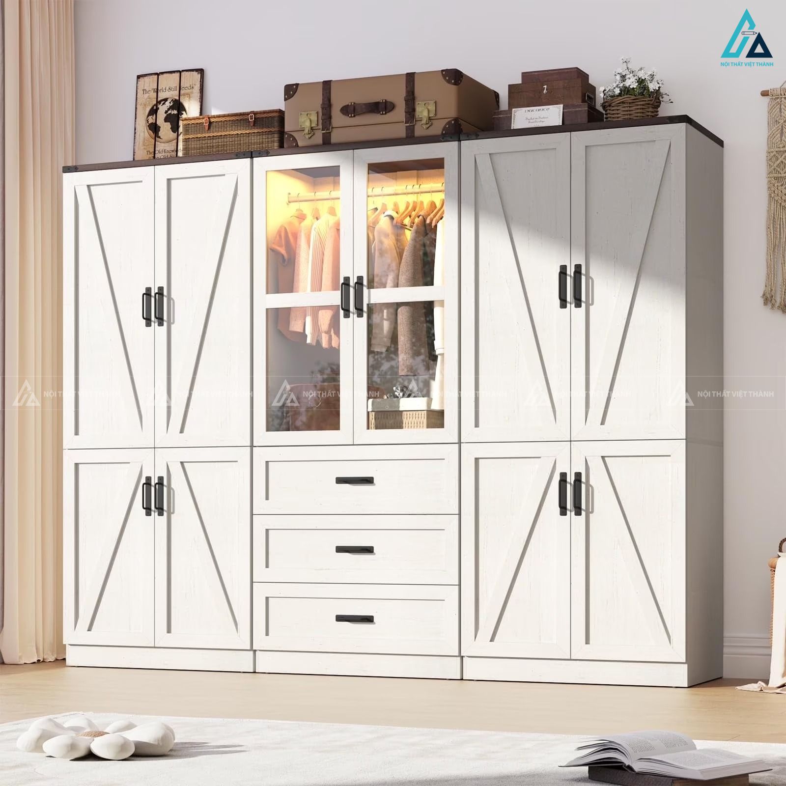 Mẫu tủ quần áo gỗ công nghiệp lớn tích hợp đèn led thông minh 3