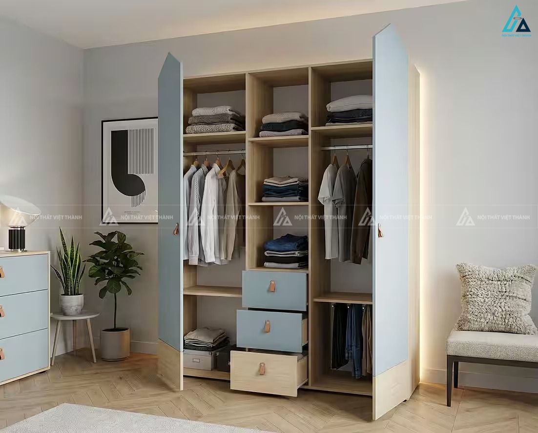 Tủ quần áo gỗ công nghiệp màu xanh kết hợp kệ trang trí đa năng 4