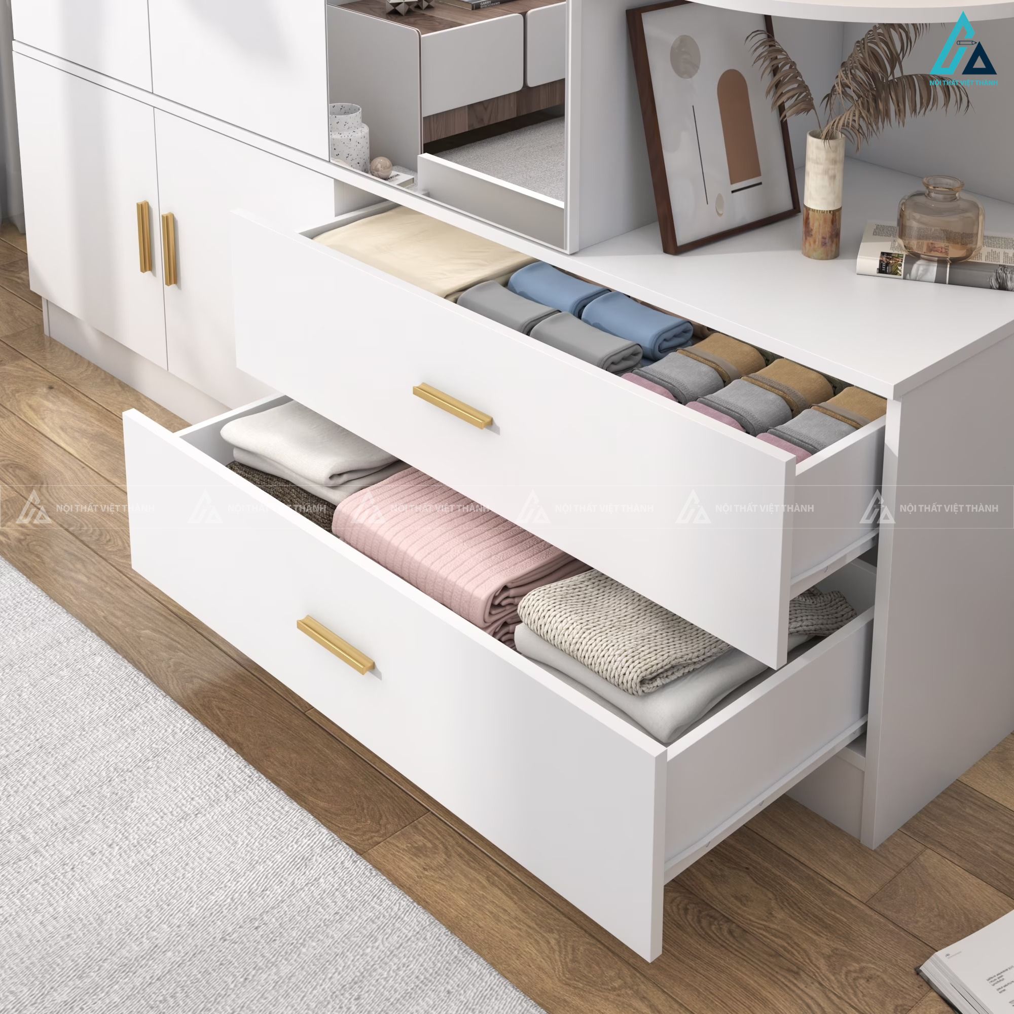 Tủ quần áo gỗ công nghiệp đa năng có móc treo túi xách kèm đèn led 2