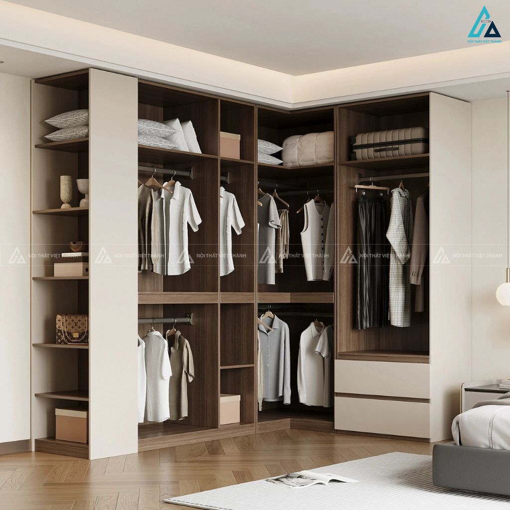 Mẫu tủ quần áo gỗ công nghiệp kịch trần bo góc chữ L tiện nghi 2