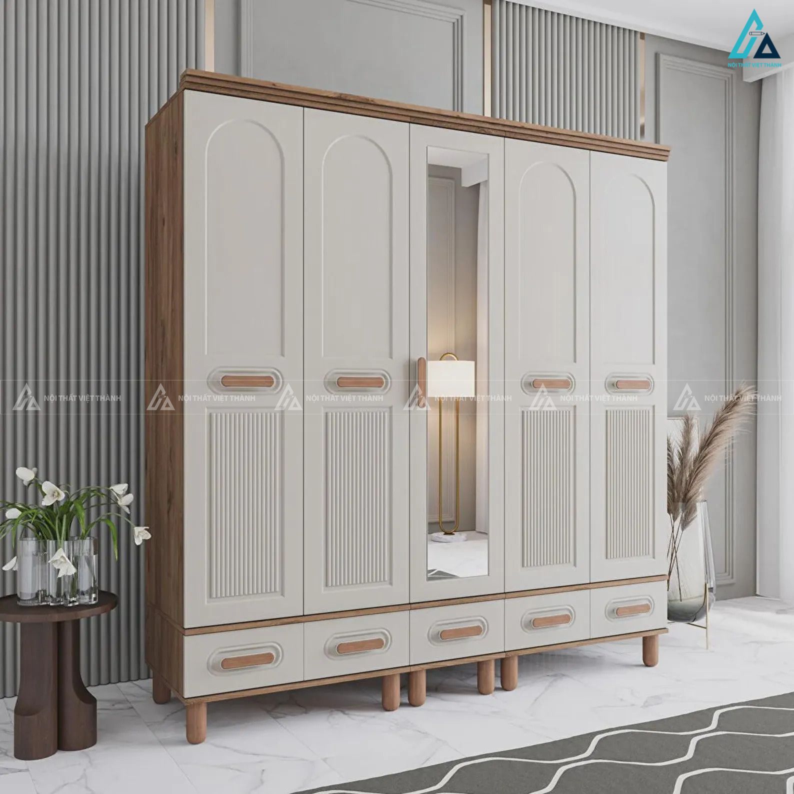 Tủ quần áo gỗ công nghiệp phong cách tân cổ điển có gương soi tiện lợi 2