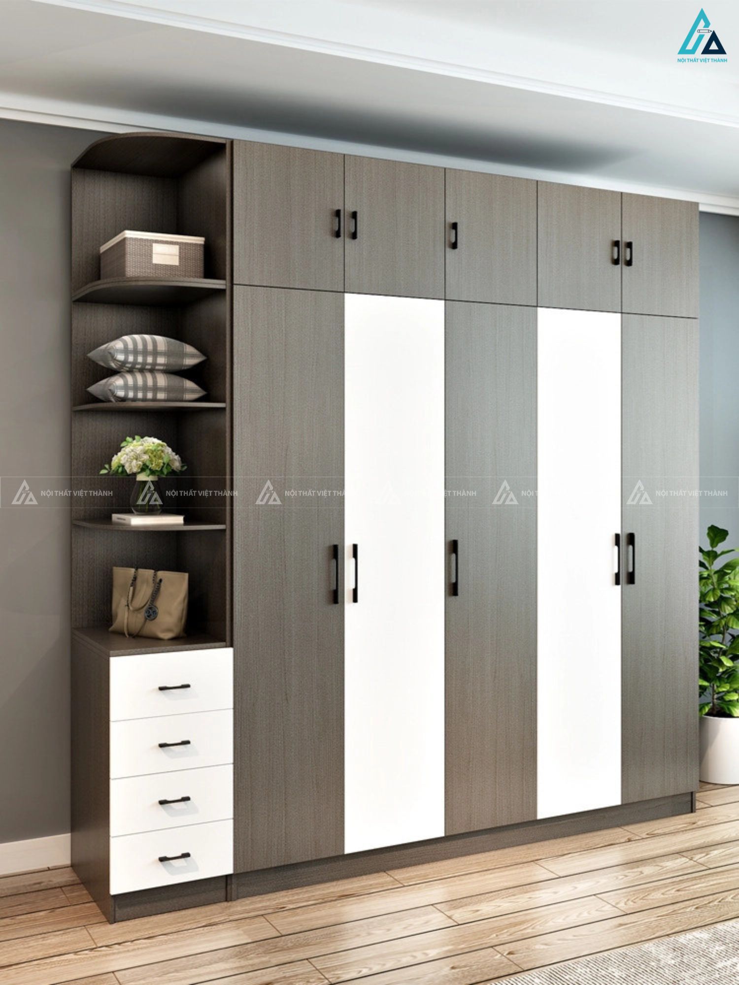 Mẫu tủ quần áo gỗ công nghiệp năm cánh mở tối ưu diện tích 3