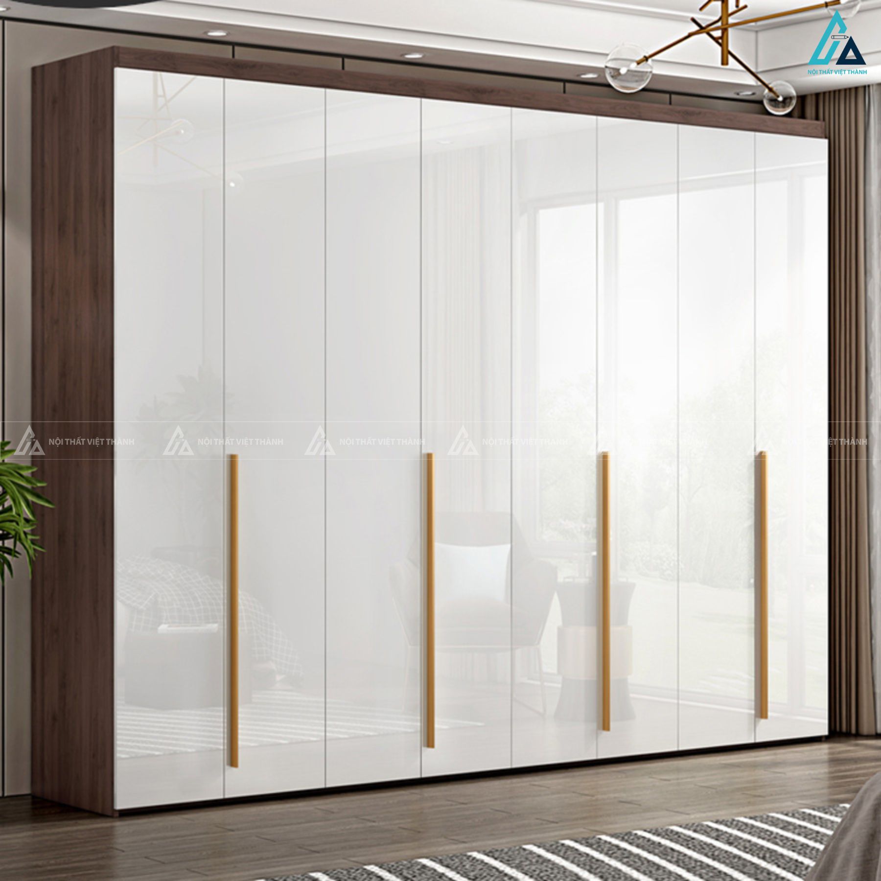Tủ quần áo khung gỗ MDF chống ẩm kết hợp cánh trắng bóng gương