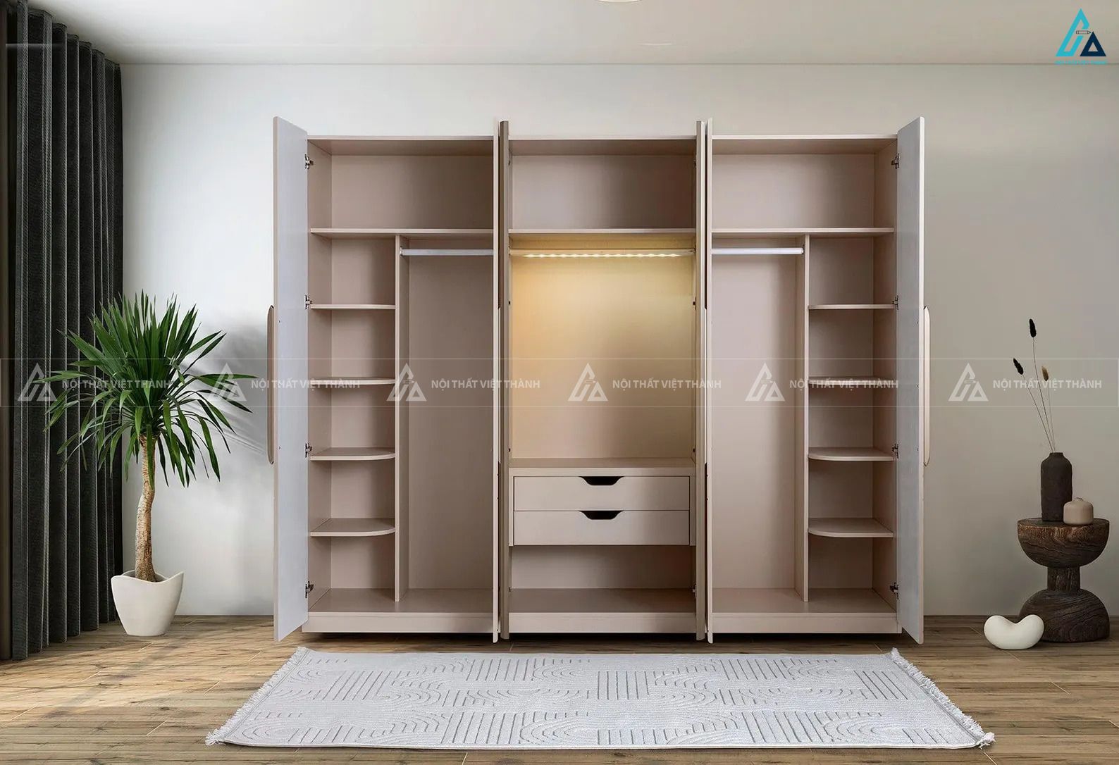 Tủ quần áo gỗ công nghiệp đa năng tích hợp đèn led và ngăn kéo 1