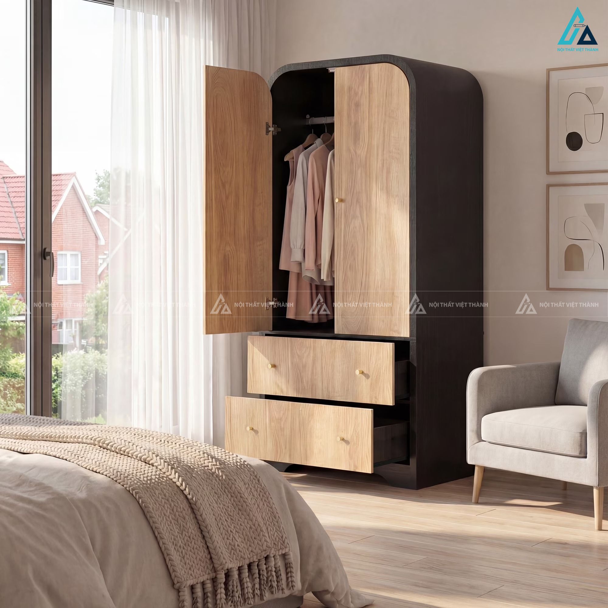 Tủ quần áo gỗ công nghiệp bo góc tròn màu đen phối vân gỗ sồi