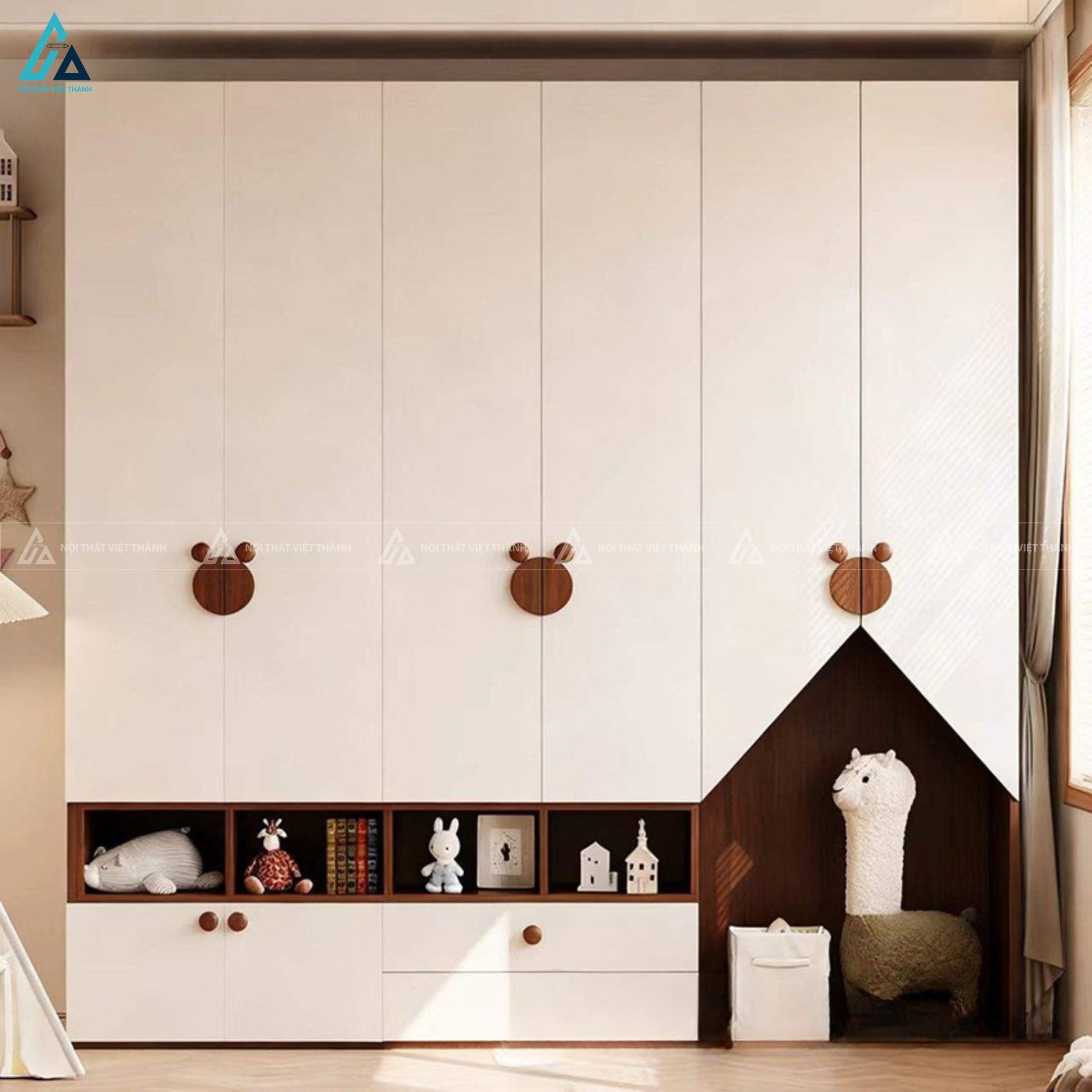 Tủ quần áo gỗ công nghiệp trẻ em năm cánh phối màu kem và nâu ấm áp 1