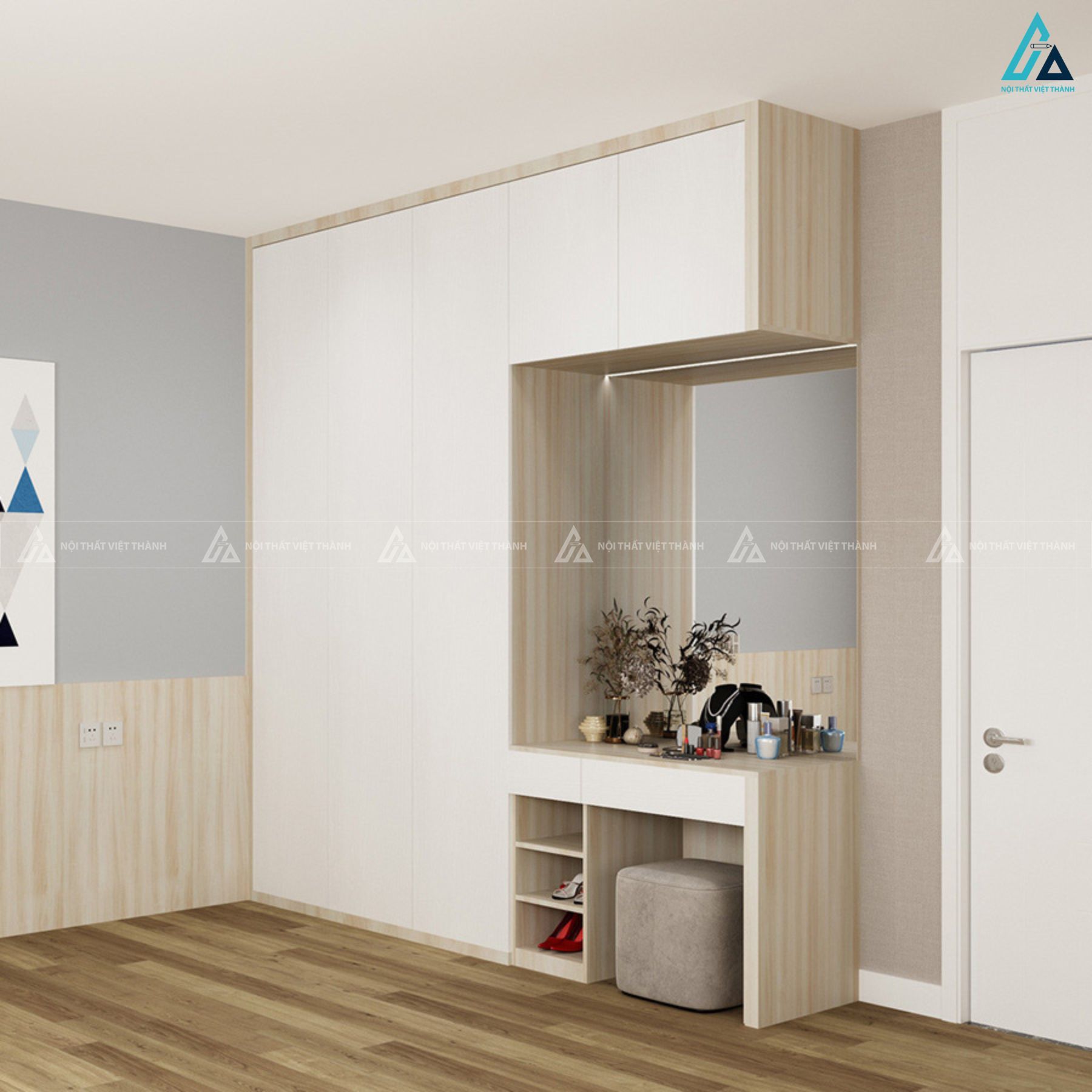 Thiết kế tủ quần áo MDF chống ẩm kịch trần kết hợp bàn trang điểm 2