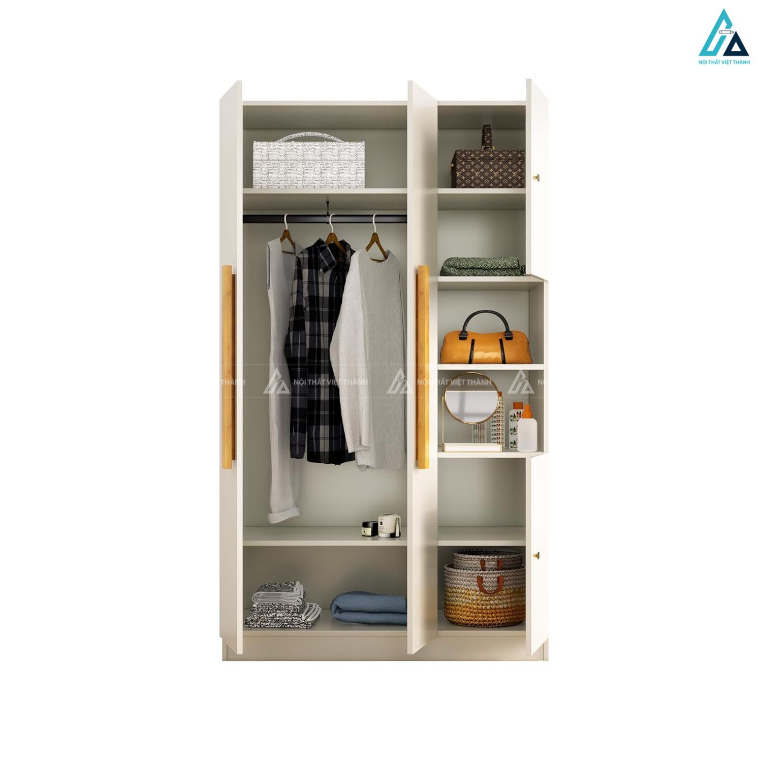 Tủ quần áo MDF phủ melamine màu trắng kem tích hợp kệ trang trí 5