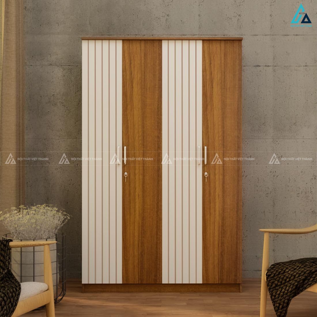 Mẫu tủ quần áo gỗ công nghiệp 4 cánh mở thiết kế kẻ sọc độc đáo