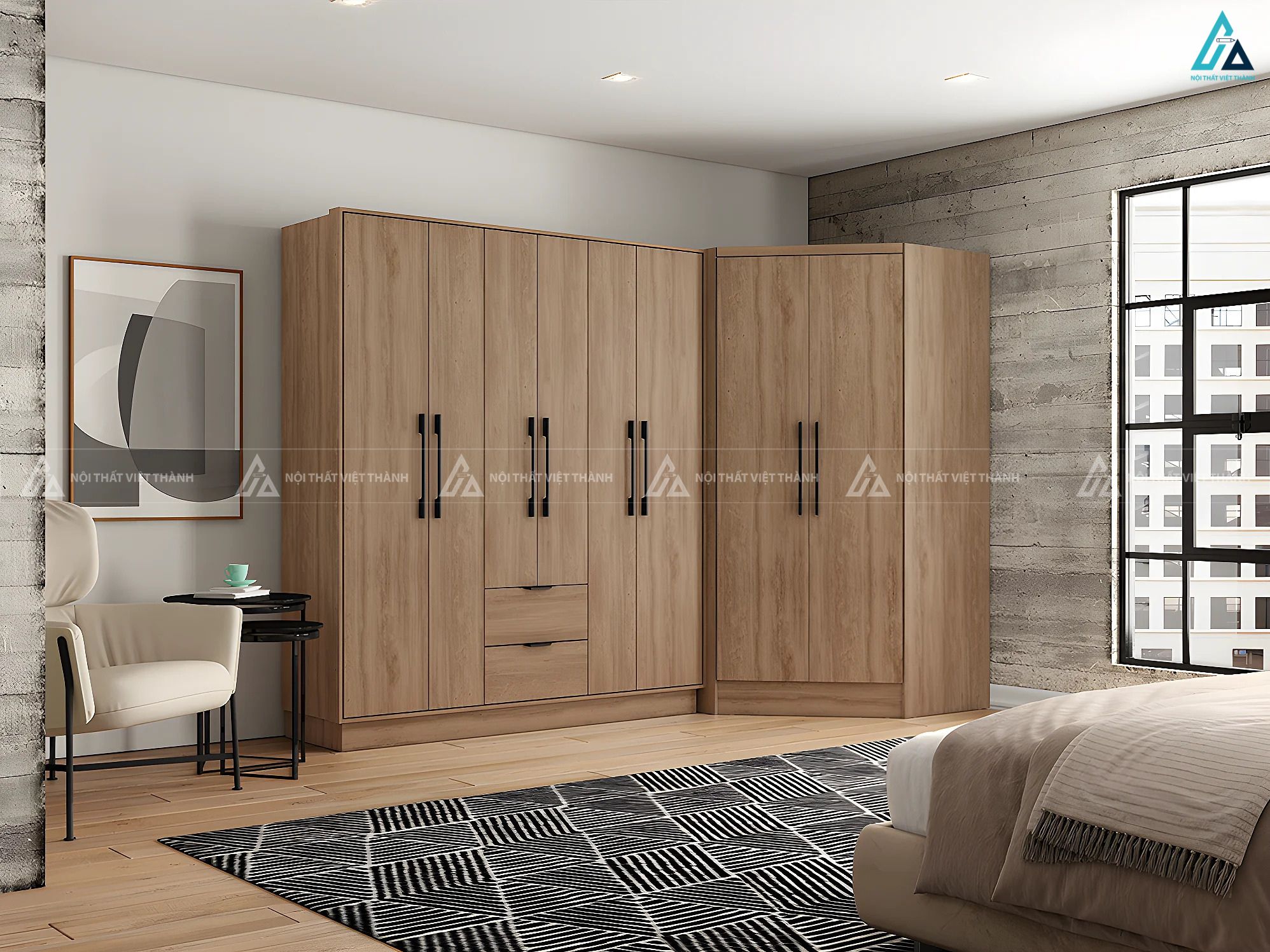 Tủ quần áo gỗ MDF lõi xanh dáng chữ L thiết kế ngăn kéo tiện lợi