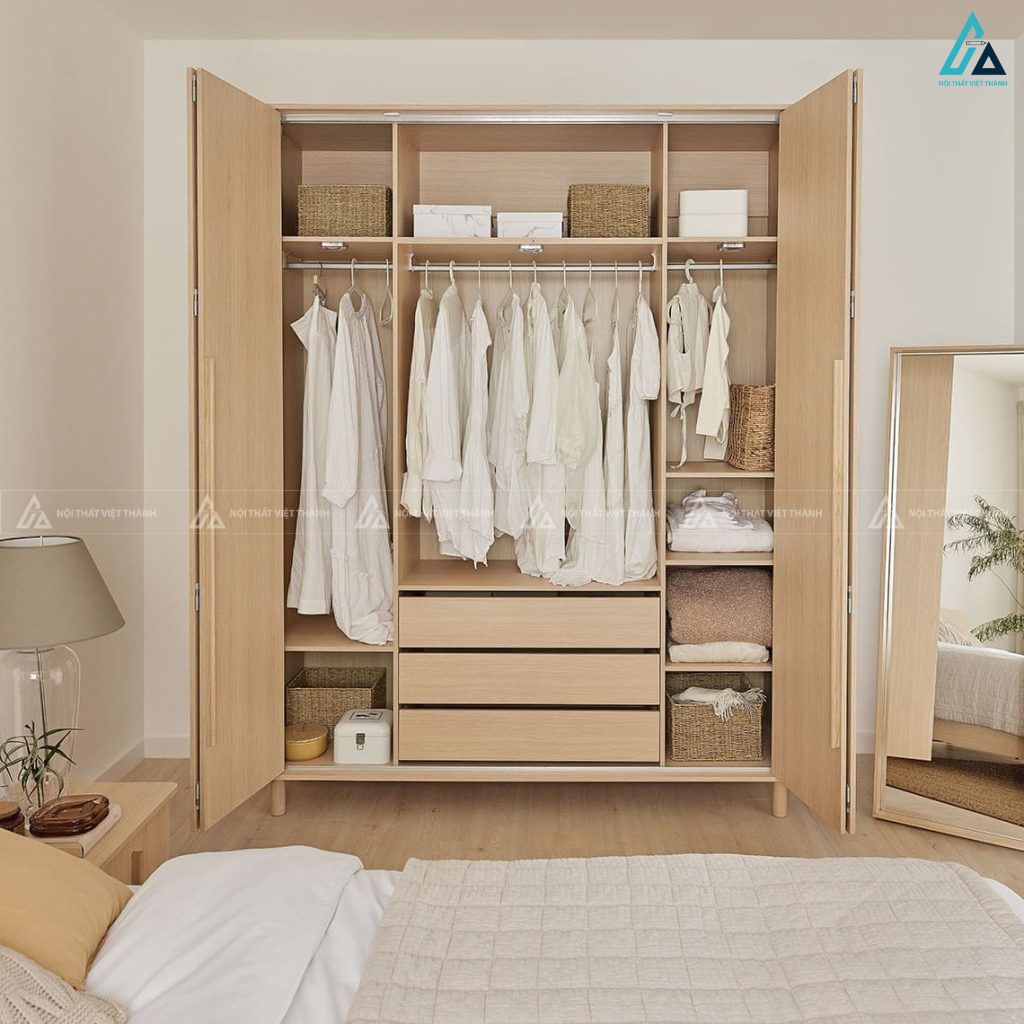 Thiết kế tủ quần áo gỗ MDF chống ẩm bốn cánh mở chân cao 1