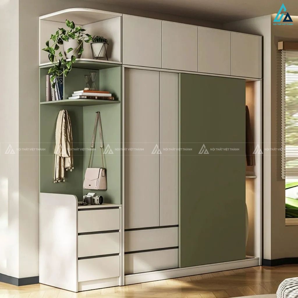 Tủ quần áo gỗ công nghiệp cửa lùa kết hợp ngăn kéo đa năng sang 1
