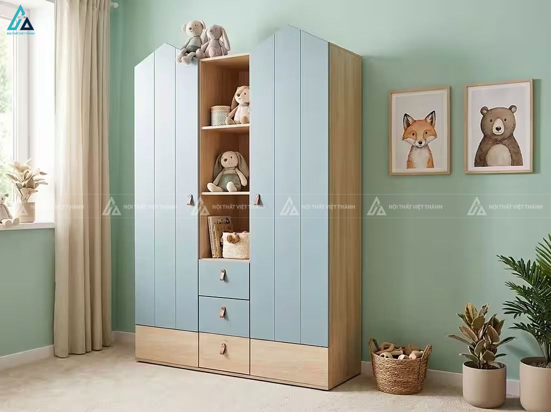 Tủ quần áo gỗ công nghiệp màu xanh kết hợp kệ trang trí đa năng 3