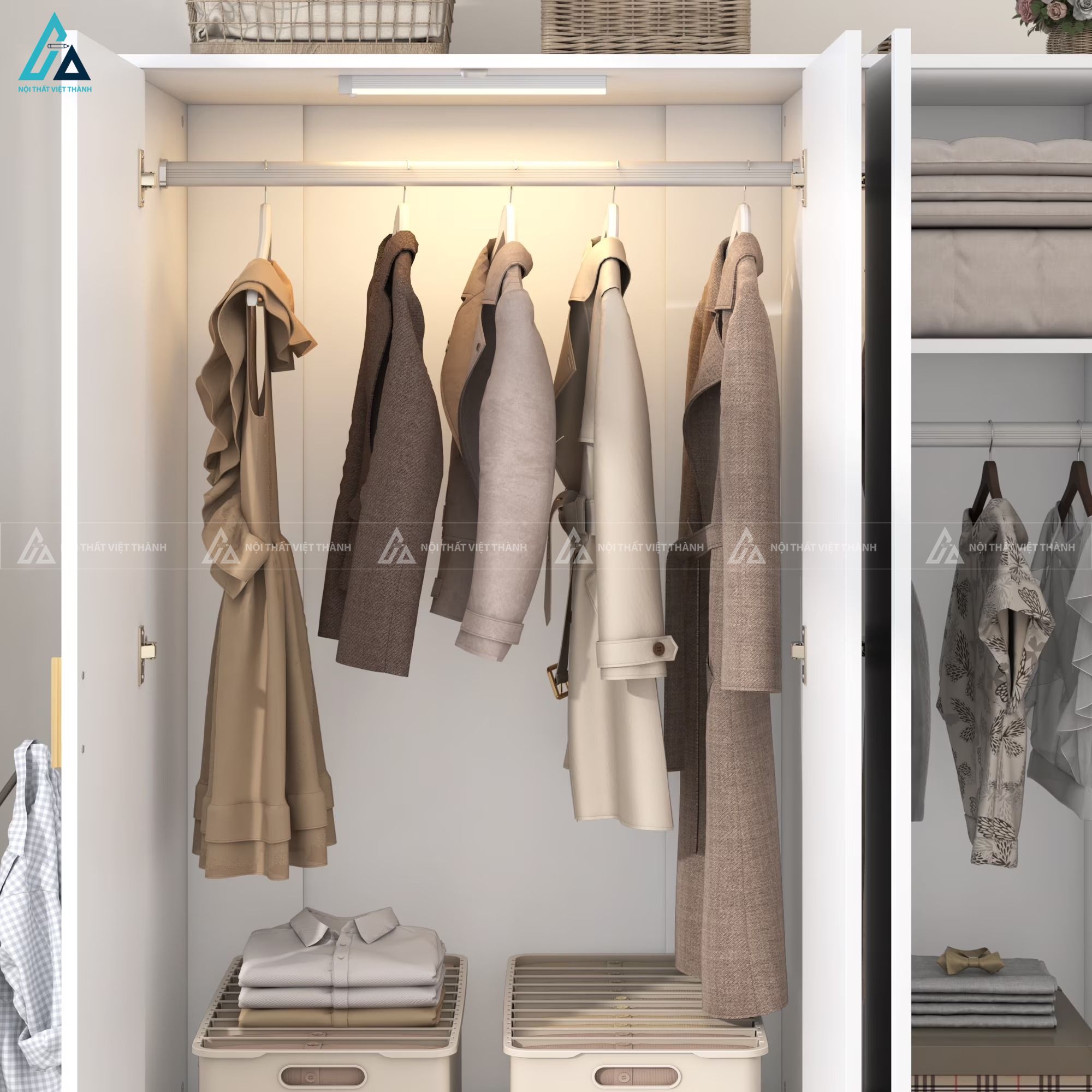 Tủ quần áo gỗ công nghiệp đa năng có móc treo túi xách kèm đèn led 1