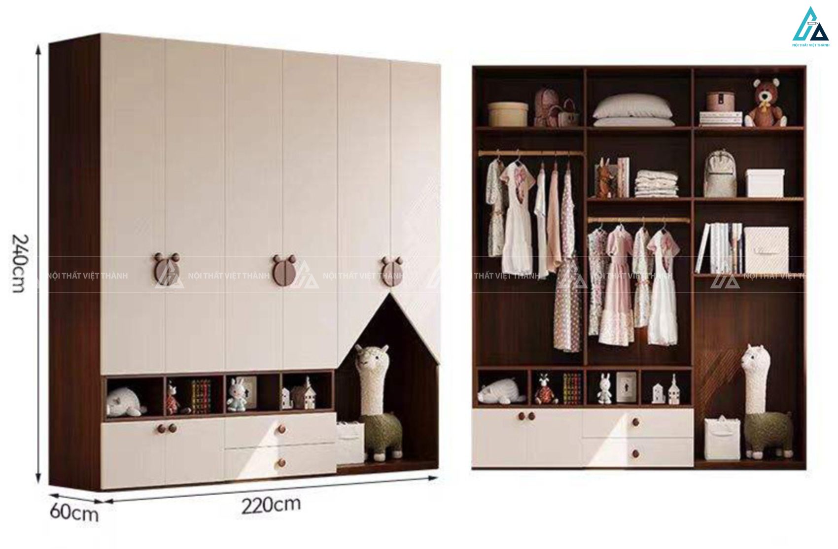 Tủ quần áo gỗ công nghiệp trẻ em năm cánh phối màu kem và nâu ấm áp 3
