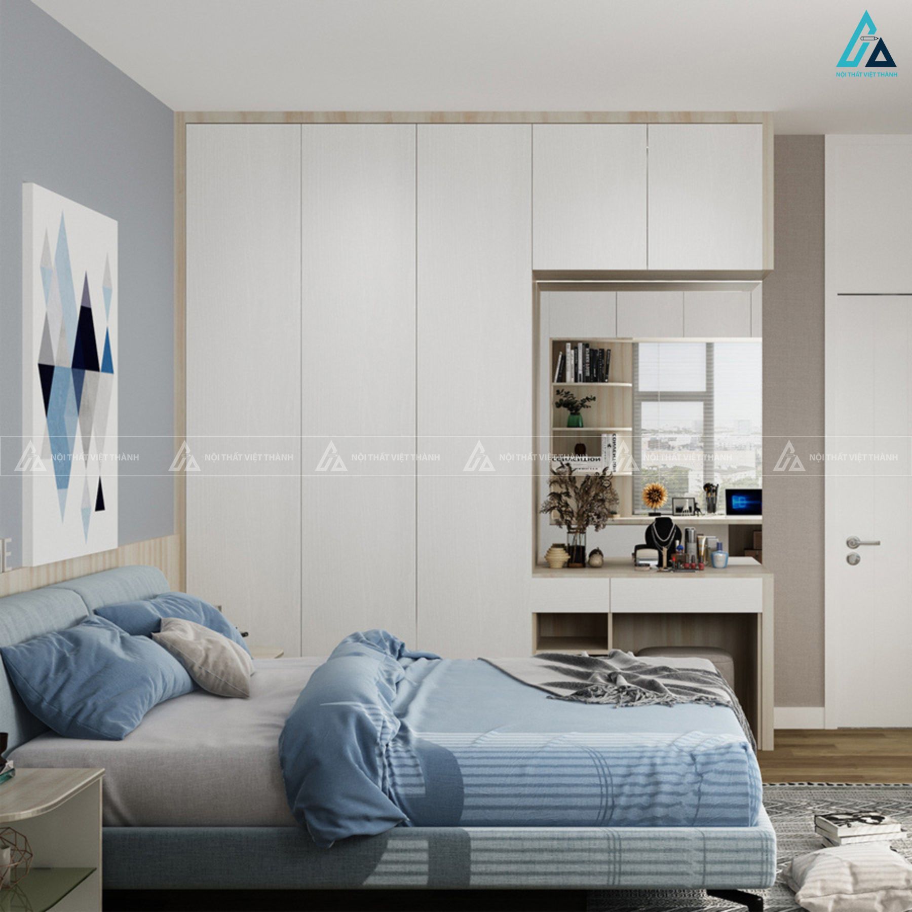 Thiết kế tủ quần áo MDF chống ẩm kịch trần kết hợp bàn trang điểm 3