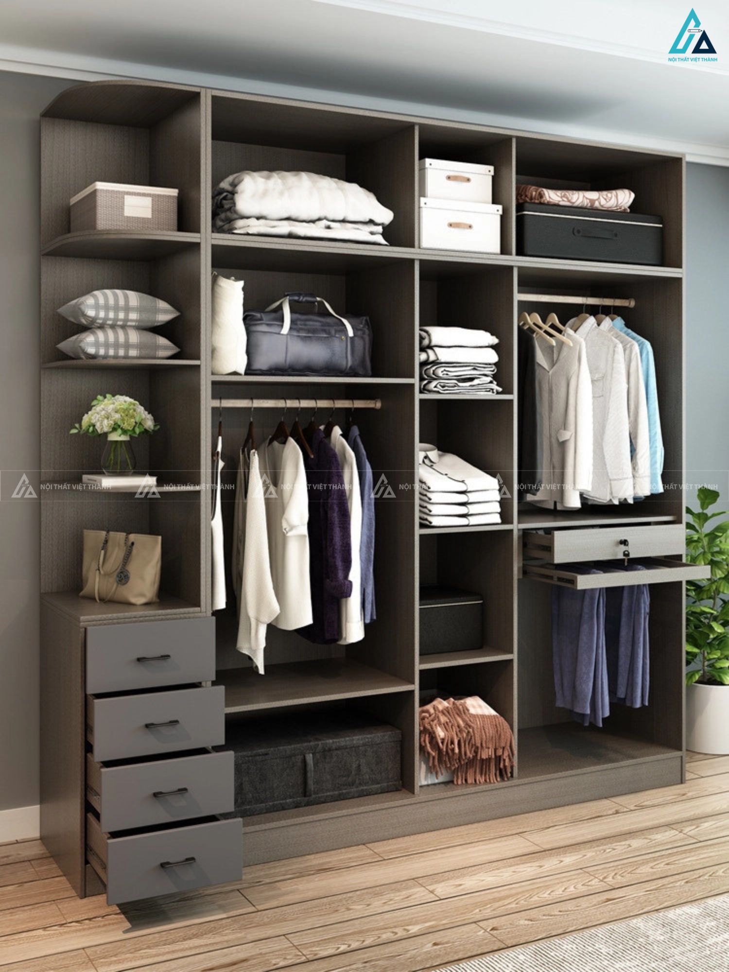 Mẫu tủ quần áo gỗ công nghiệp năm cánh mở tối ưu diện tích 1