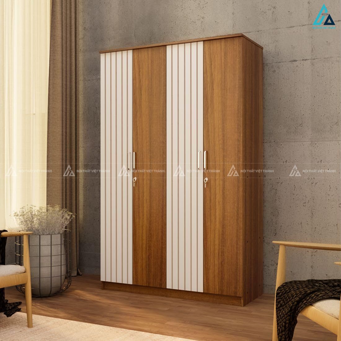 Mẫu tủ quần áo gỗ công nghiệp 4 cánh mở thiết kế kẻ sọc độc đáo 1