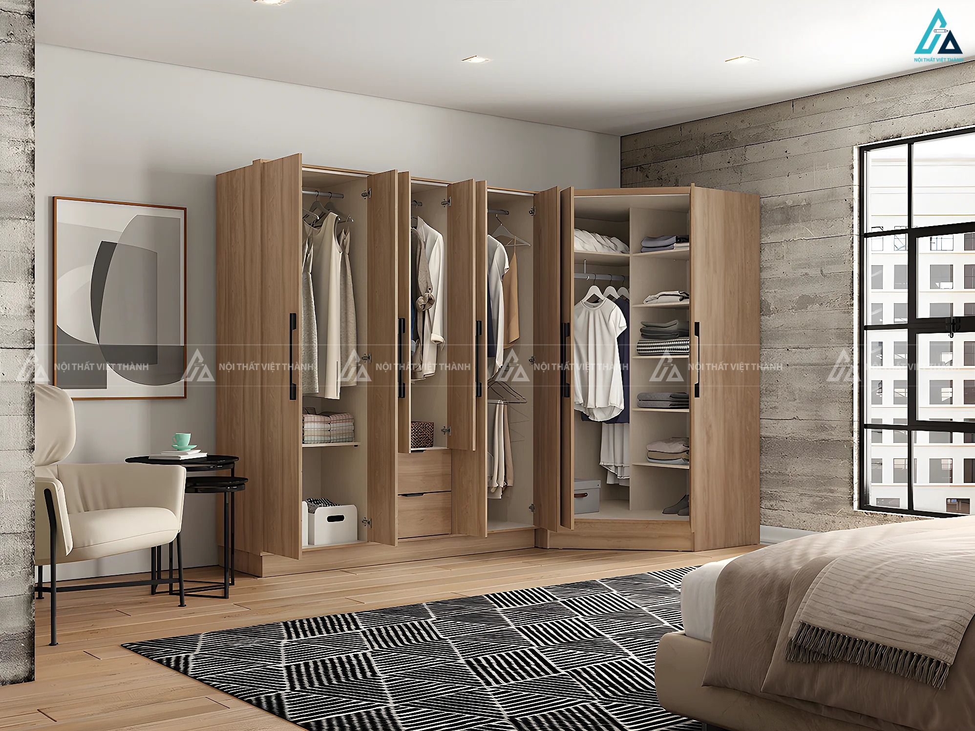 Tủ quần áo gỗ MDF lõi xanh dáng chữ L thiết kế ngăn kéo tiện lợi 2