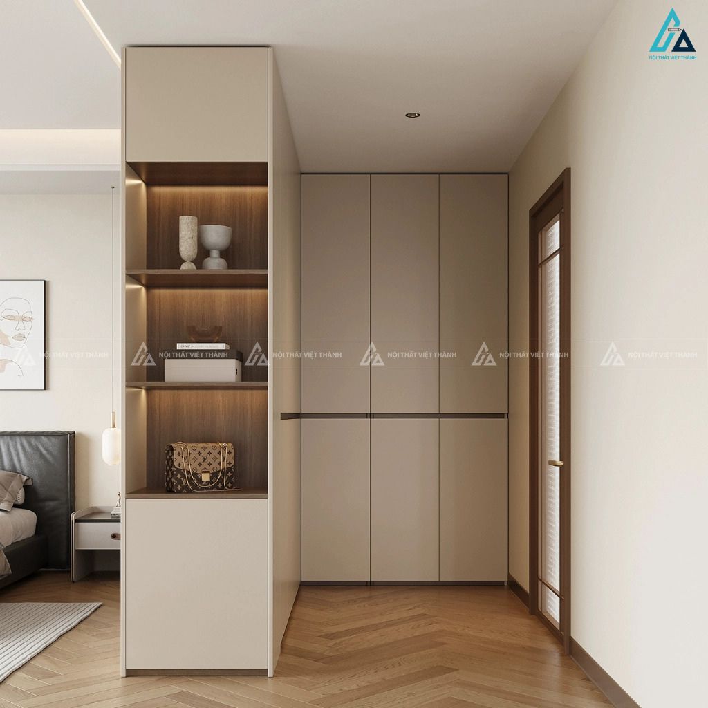Mẫu tủ quần áo gỗ công nghiệp kịch trần bo góc chữ L tiện nghi 3