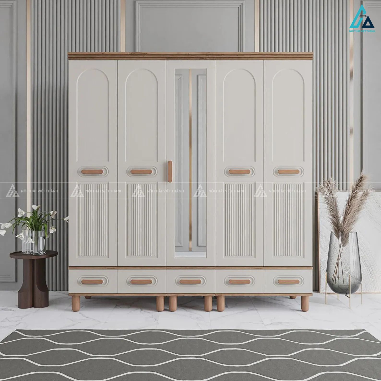 Tủ quần áo gỗ công nghiệp phong cách tân cổ điển có gương soi tiện lợi