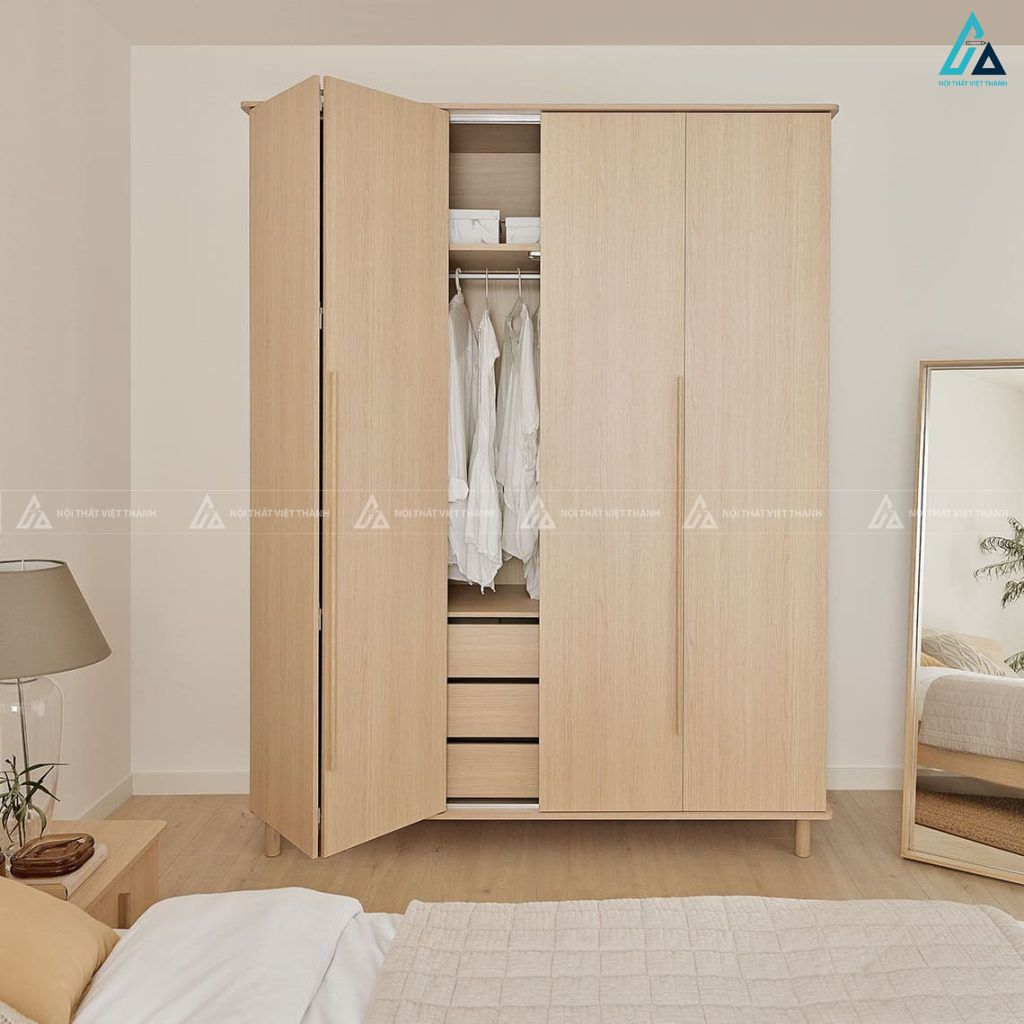 Thiết kế tủ quần áo gỗ MDF chống ẩm bốn cánh mở chân cao