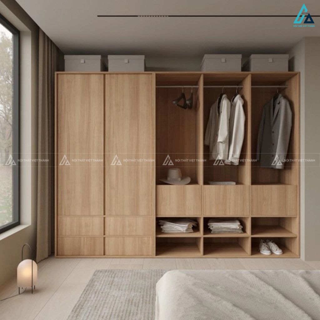 Tủ quần áo gỗ công nghiệp cửa lùa thiết kế âm tường sang trọng