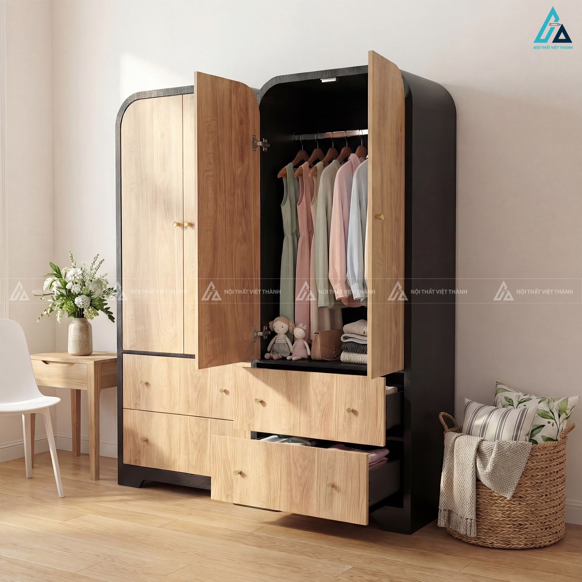 Tủ quần áo gỗ công nghiệp bo góc tròn màu đen phối vân gỗ sồi 1