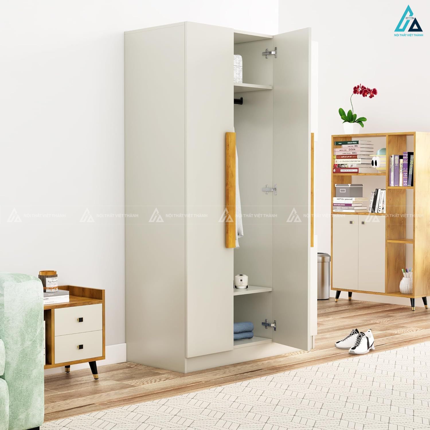 Tủ quần áo MDF phủ melamine màu trắng kem tích hợp kệ trang trí 2