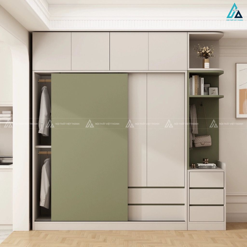 Tủ quần áo gỗ công nghiệp cửa lùa kết hợp ngăn kéo đa năng sang 2