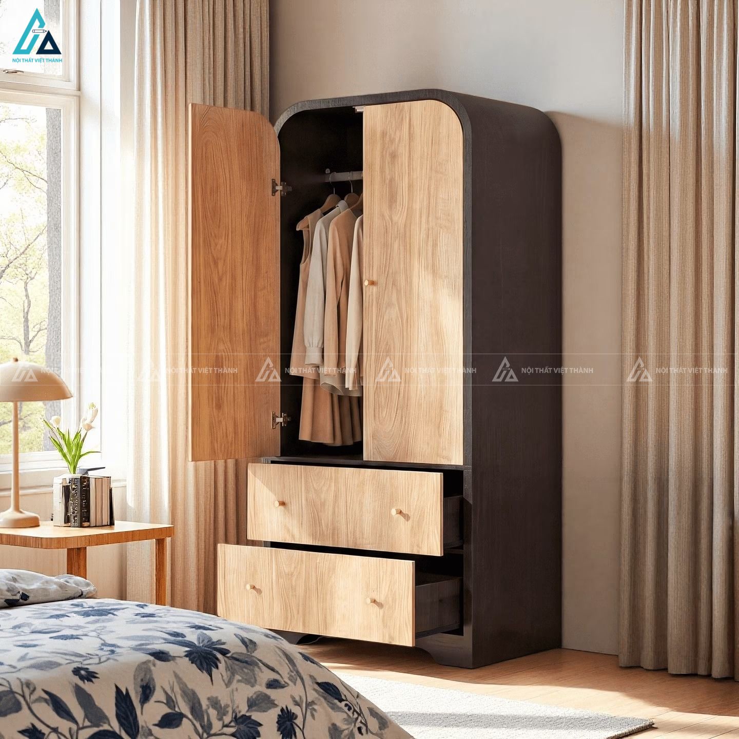 Tủ quần áo gỗ công nghiệp bo góc tròn màu đen phối vân gỗ sồi 2